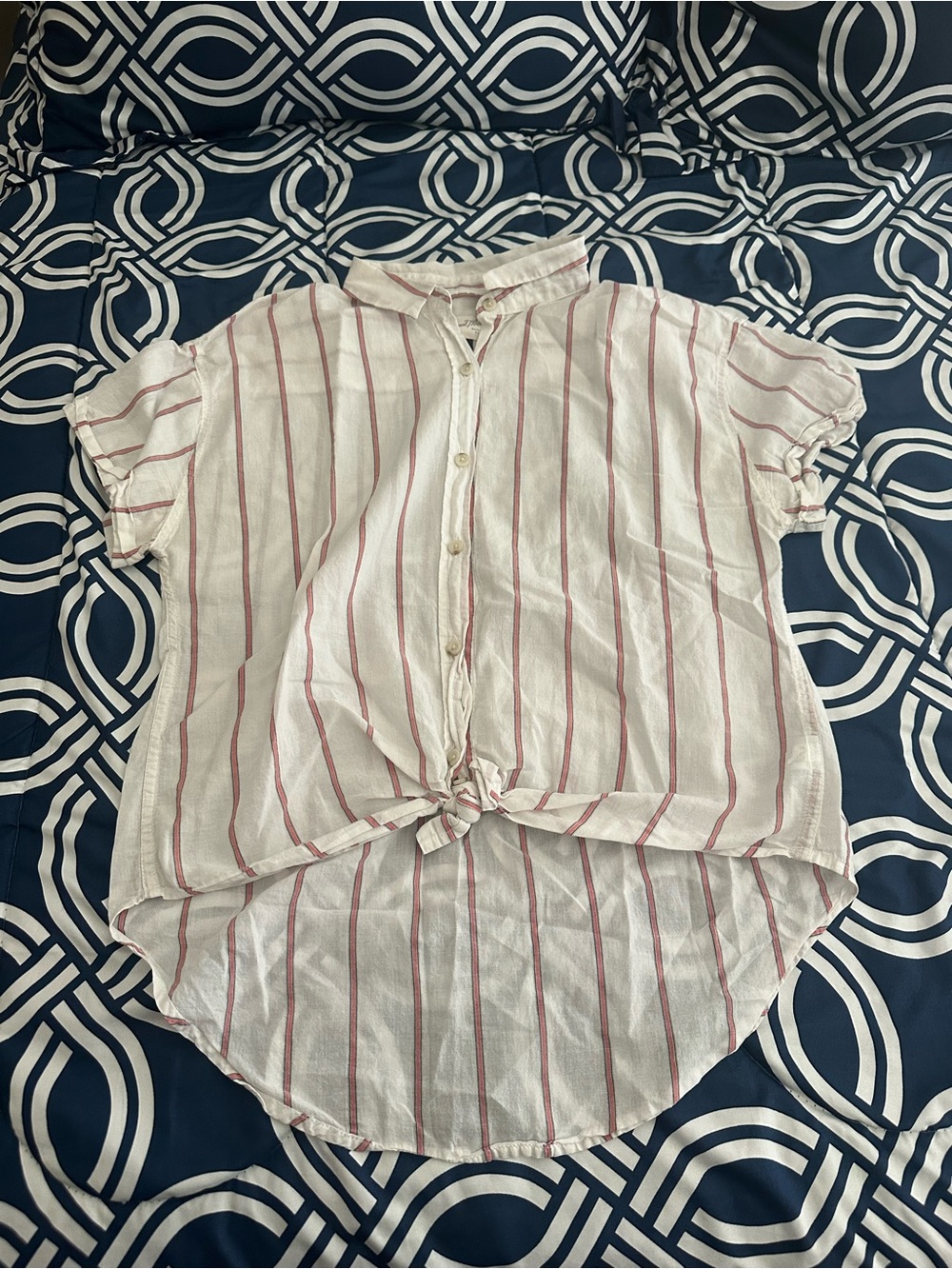 Lightweight White Button-Front Tie-Hem Top with Pink Stripes